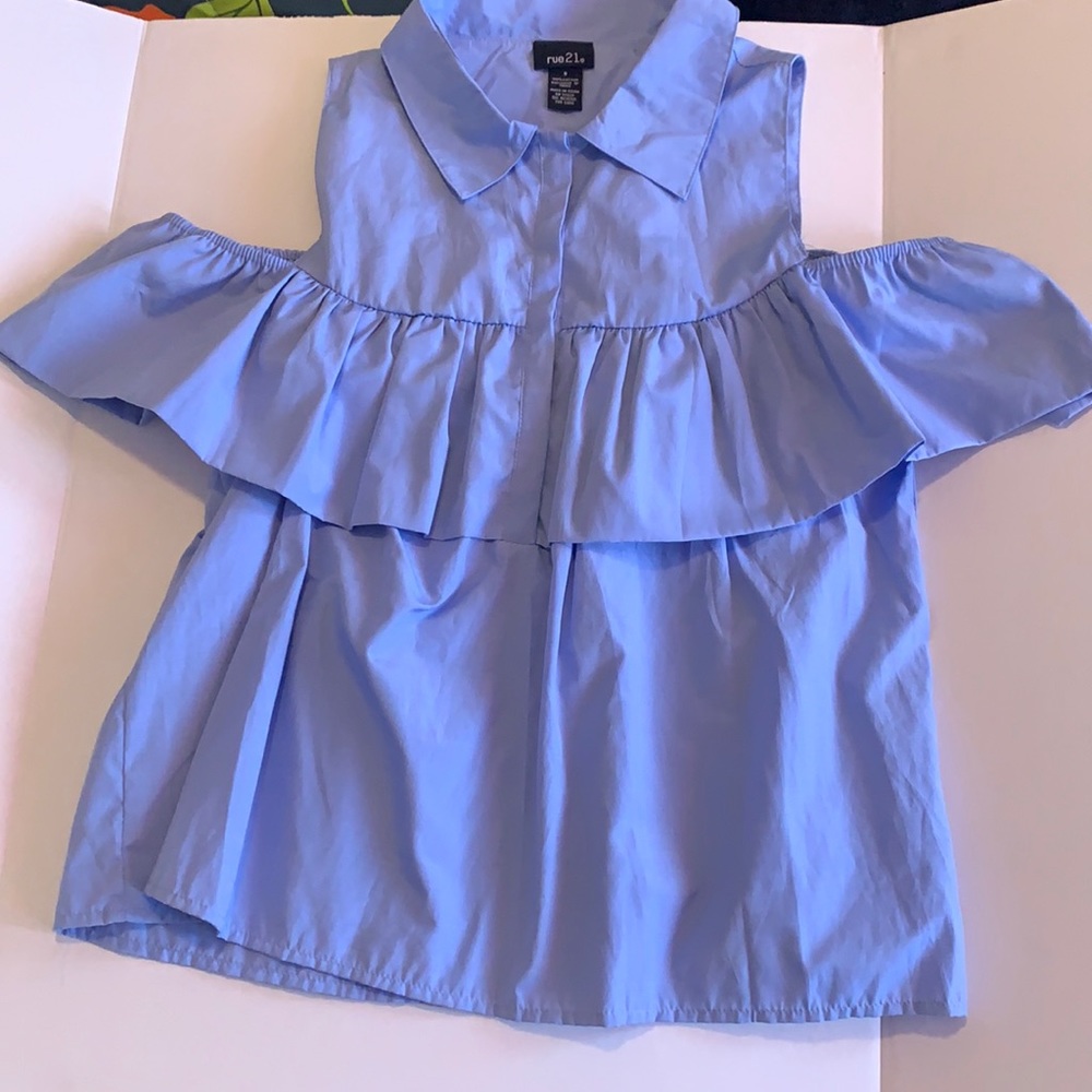 Plain Lapel Cut Out Shoulder Ruffle Blouse